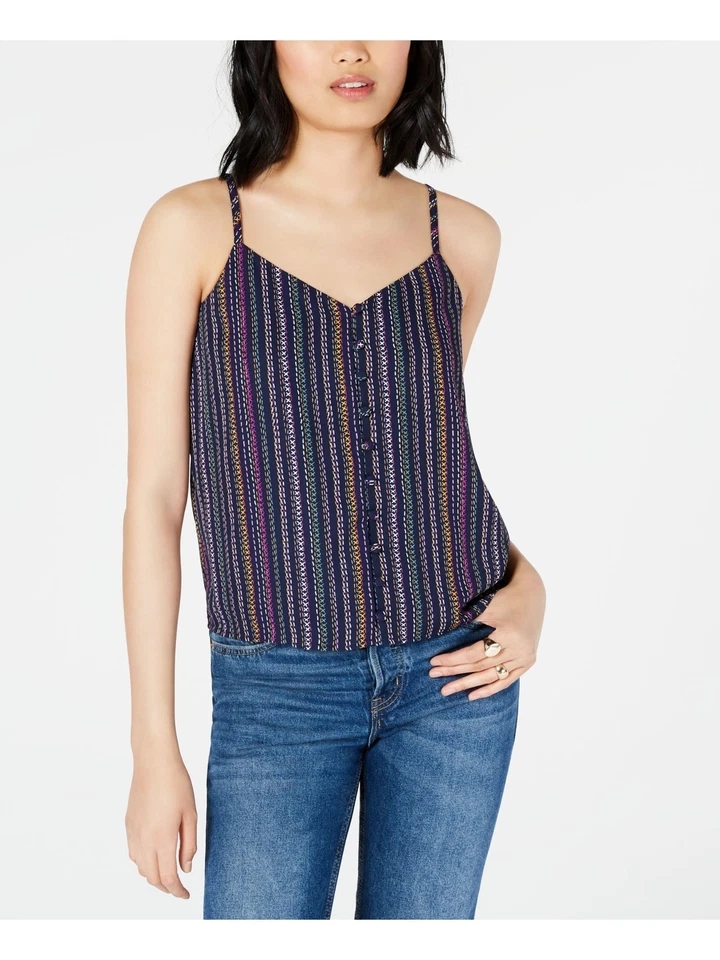 Maison Jules Womens Navy Printed Cropped Button-down Cami Top L BHFO 8326