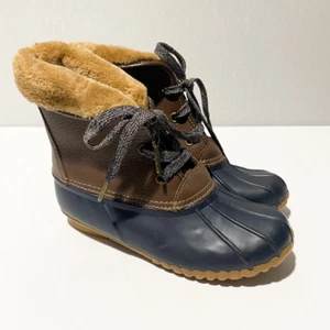 Sporto Womens De Gas Duck Boot Navy Brown Color Block Leather Lace Up Faux Fur 7 - Picture 1 of 6