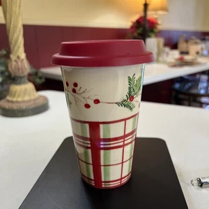 Lenox Travel Mug 12oz Holiday Gatherings Porcelain Mug Cup With Lid Plaid NWOB - Picture 1 of 5
