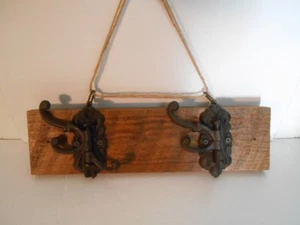Handmade~Rustic Reclaimed Thick Barn Wood w/Hand Forged Swivel Hook Coat "Rack" - Bild 1 von 8