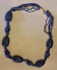 Vintage 8 strand 1980s Blue Oval Beaded Lobster Clasp Necklace 14" Drop - Picture 1 of 4