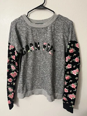 GRAY Saks Fifth Avenue Roses Print Sleeves Cotton Blend Knit Sweater Sz L - Image 1 of 4