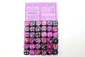 Chessex Dice 12mm D6 (36 Dice) Gemini Black - Purple / Gold CHX26840 - Picture 1 of 1
