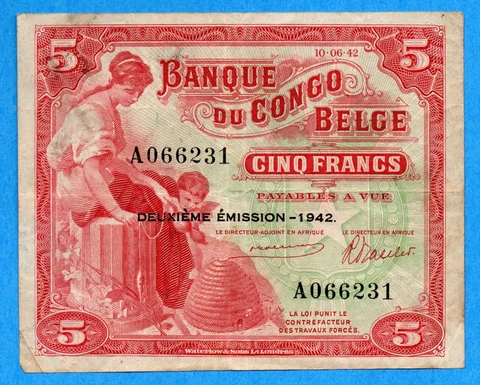 Belgian Congo 1942 5 Cinq Francs Note P-13 - Very Fine Cover
