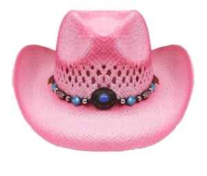 Adult Pink Straw COWBOY HAT w/ Turquoise Blue Beads Shapeable WESTERN Cowgirl - Picture 1 of 3