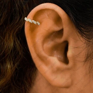 Natural Diamond Cuff Earring 14k Solid Yellow Gold Non-Pierced Cuff Earring - Picture 1 of 8