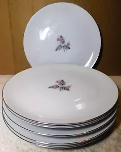 Narumi~Japan Lyric Dinner Plates Pink Flowers, Gray Leaves Platinum 1950s - Picture 1 of 23