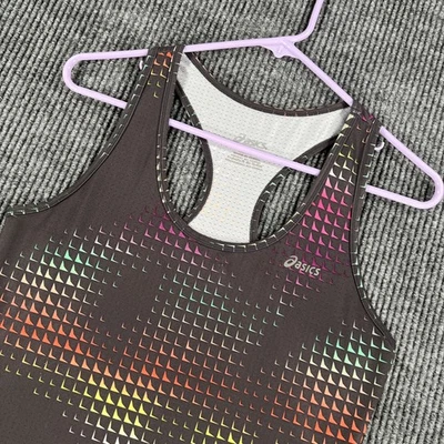 Camiseta sin mangas Asics para mujer pequeña negra arco iris espalda deportiva correr gimnasio camisa atlética Foto 1 de 4