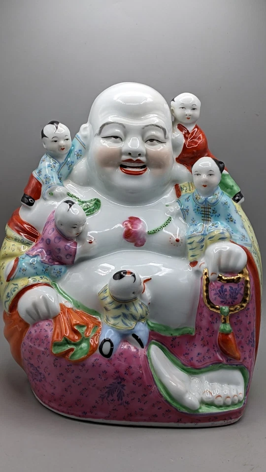Vintage Porcelain Chinese Laughing Buddha with Five Children Large Figurine - Image 1 of 4