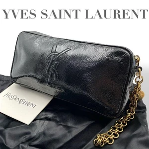 Yves Saint Laurent Black Enamel Pouch Clutch Bag YSL Logo Embossed Vintage - Picture 1 of 8
