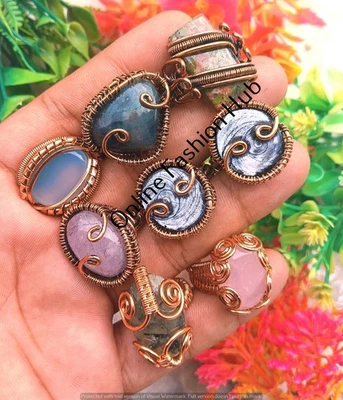 Lote de anillos de jaspe y mezcla de piedras preciosas Unakita envueltos en alambre de cobre encantadora joyería regalo Foto 1 de 4