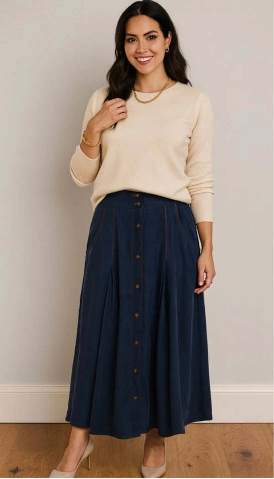 Maxi falda pequeña para mujer Sunny Leigh azul marino 100 % seda con botones delanteros Foto 1 de 4