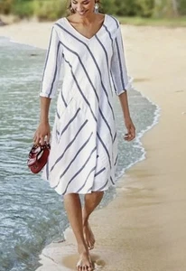 Soft Surroundings Dress Large Linen Blend Beach Blue Off-White Striped V-Neck - Picture 1 of 8