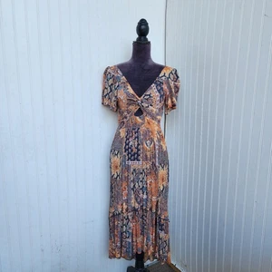 Abito Angie donna patch stropicciata boho midi manica corta twist buco della serratura festival S - Foto 1 di 13