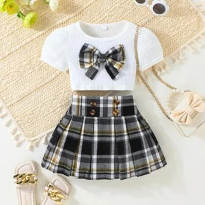 Puff Sleeve Bow Top and Elastic Pleated Skirt Summer Outfit Toddler Infant Cloth - Picture 1 of 27