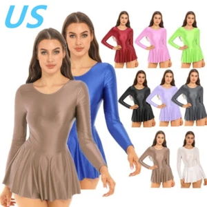 Women Glossy Long Sleeve Mini Dress Solid Color Ruffled Tennis Leotard Dress - Picture 1 of 109