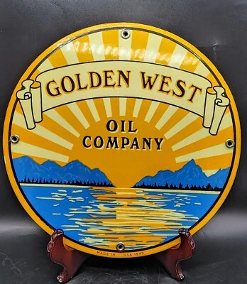 Golden West Oil Company Porcelain Advertising Sign Sunset Lake Mancave 10ins  - Image 1 of 4