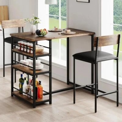 Dining Table Set for 1 Table and 2 Chairs, with 3 Storage Shelves Bar Table Set - Image 1 of 4