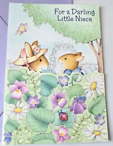 Tarjeta de felicitación vintage sello de Pascua para sobrina lindos conejitos flores Ladybug - Imagen 1 de 3