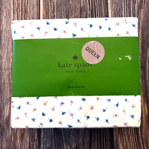 KATE SPADE Queen Sheet Set 4 Pc Blue Pink Mini Flowers White 100% Cotton Percale - Picture 1 of 6
