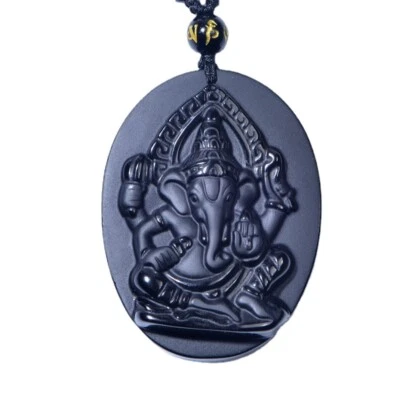 Black obsidian Ganesha elephant necklace Wealth pendant with adjustable chain - Image 1 of 4