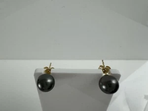 Black / Iridescent Dark Gray Pearl Stud Earrings 14k Gold Posts, Excellent Cond - Picture 1 of 8