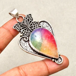 Ciondolo gioiello fatto a mano argento sterling 925 pietra preziosa quarzo solare arcobaleno 2,6" - Foto 1 di 8