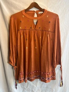 Hannah Plus Size 2x Rust with Multi Color Embroidery Tassels Tie Sleeves Boho - Picture 1 of 7