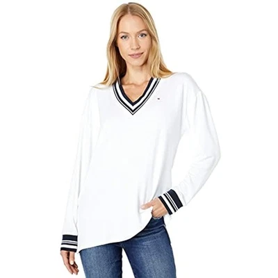 Túnica Tommy Hilfiger gola V branca brilhante manga longa tamanho XL alta - Imagem 1 de 4