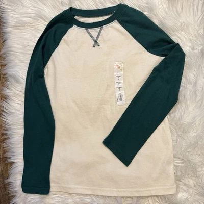 Camiseta esencial Jumping Beans para niños manga larga verde raglán blanco talla 8 nueva con etiquetas Foto 1 de 4