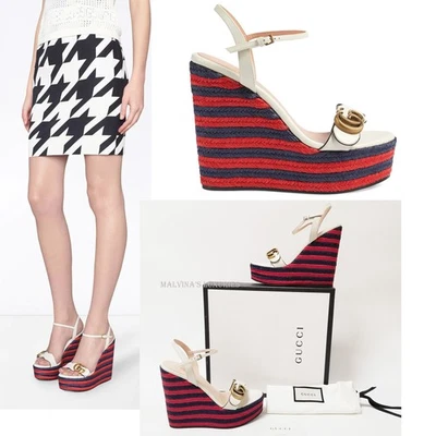 GUCCI AITANA SHOES GG PLATFORM ESPADRILLE WEDGES SANDALS 38.5 US 8.5 - Image 1 of 4