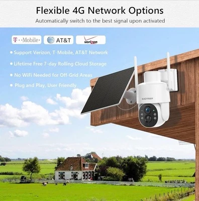 KADYMAY 4G LTE Cellular Security Camera, No WiFi Solar Powered Camera includes SIM Card