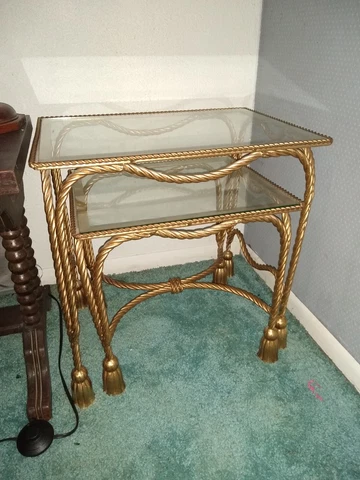 2 Vtg. Solid wrought iron Tassel Rope Hollywood Regency gold gilt Stacking Table Cover