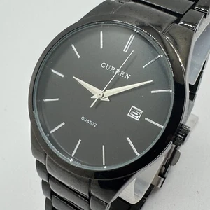 Curren Quartz Watch Men 40mm Black Date Steel Band Analog New Battery 7.75" - Picture 1 of 6