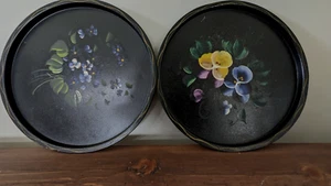 Pair of Vintage Tole Hand Painted  Black Metal 11" Trays  Pansys and Violets - Picture 1 of 9