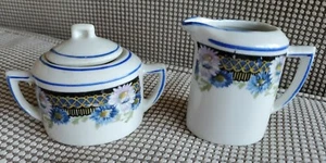 Antique Vntg Children's Dishes Creamer & Suger W/Lid Blue & White Daisy Floral - Picture 1 of 8