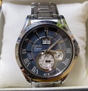Seiko Premier Kinetic Perpetual Calendar Mens Watch SNP025P1 Navy Dial JPN F/S - Picture 1 of 10