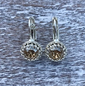 Crystal Leverback Earrings Silver Plate Fashion Made W/ Swarovski Golden Beige - Picture 1 of 5