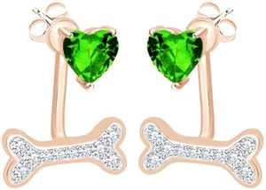 Dog Bone Love Heart Ear Jacket Simulated Emerald Earrings in 14K Gold Plated - Picture 1 of 4