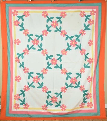 Edredón antiguo vintage años 30 con apliques florales ~ ¡Cinco bordes vibrantes! Foto 1 de 4