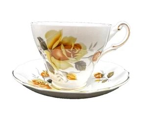 Regency English Bone China Yellow Rose Gold Rimmed Teacup & Saucer - Picture 1 of 13