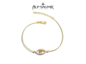 Alp Sagnak Bracelet 14 K Yellow Gold Skull Diamonds Rubies Evil Eye - Picture 1 of 2