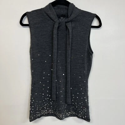 Blusa feminina Kenneth Cole lã sem mangas tamanho P cinza gola lantejoulas festa - Imagem 1 de 4