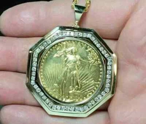1.50CT Round Cut Real Moissanite Liberty Coin Men Pendant 14K Yellow Gold Plated - Picture 1 of 7