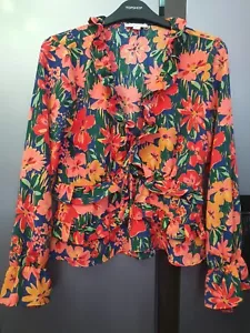 VTG Topshop Blouse Boho Top UK8 Red Sleeve Floral Tie Front Frilled Polyester - Picture 1 of 10