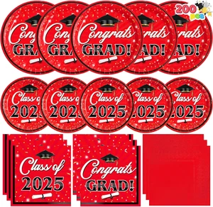 200 Pcs Graduation Party Plates and Napkins Dinnerware Set Supplies, 2025 Red Di - Picture 1 of 12