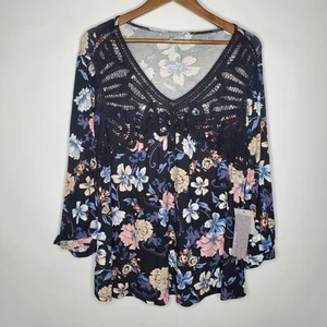Daniel Rainn Womens Black Floral Lace V Neck Blouse Size 2X 3/4 Sleeve Casual - Picture 1 of 11