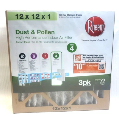 Rheem Dust & Pollen High Performance Indoor Air Filters 12x12x1 3pack - Image 1 of 4