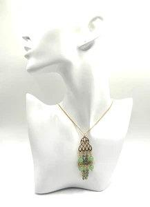Filigree Cutout Gold tone Pendant with Green + Iridescent Beads on Good Chain - Picture 1 of 7