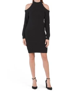 Tahari Long Sleeve Sweater Dress Size Medium Open Shoulder Black New - Picture 1 of 3